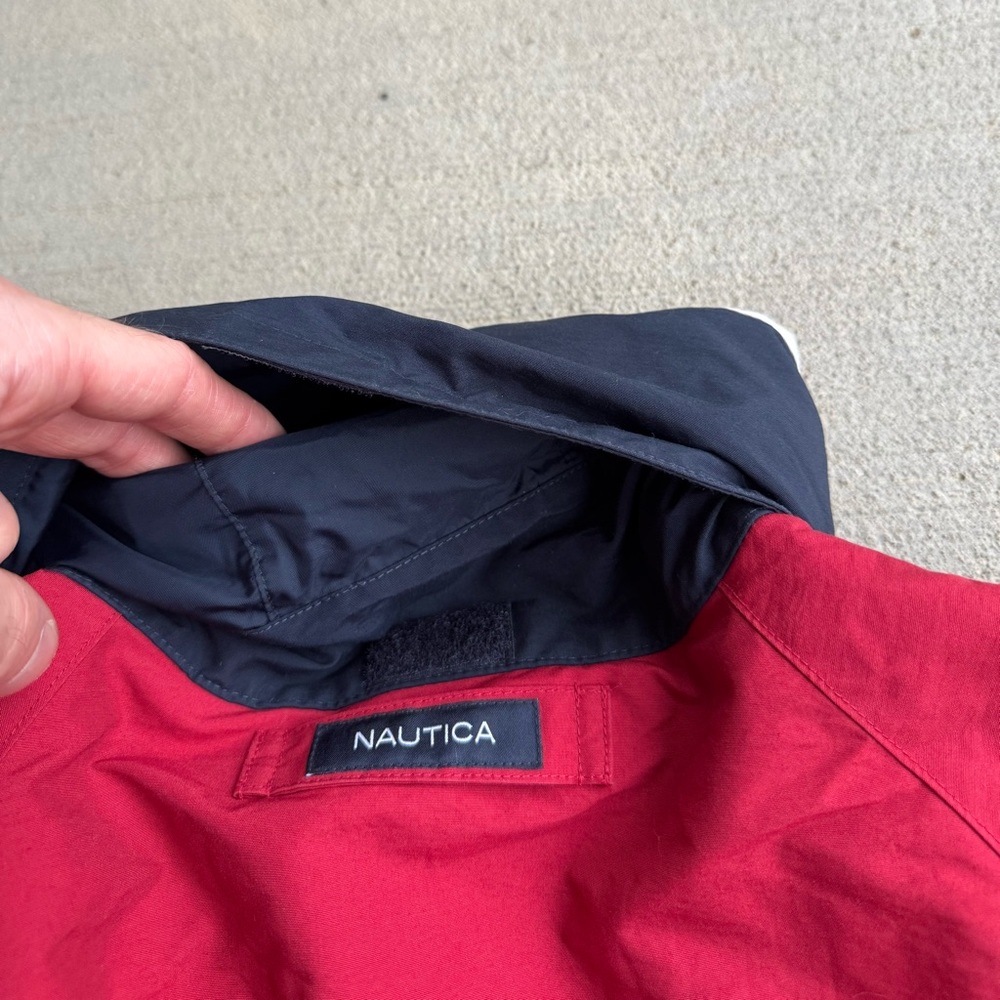 Vintage Nautica Sailing Jacket Mens XL Red Blue Colorblock Hideaway Hood Flaw - Picture 12 of 14
